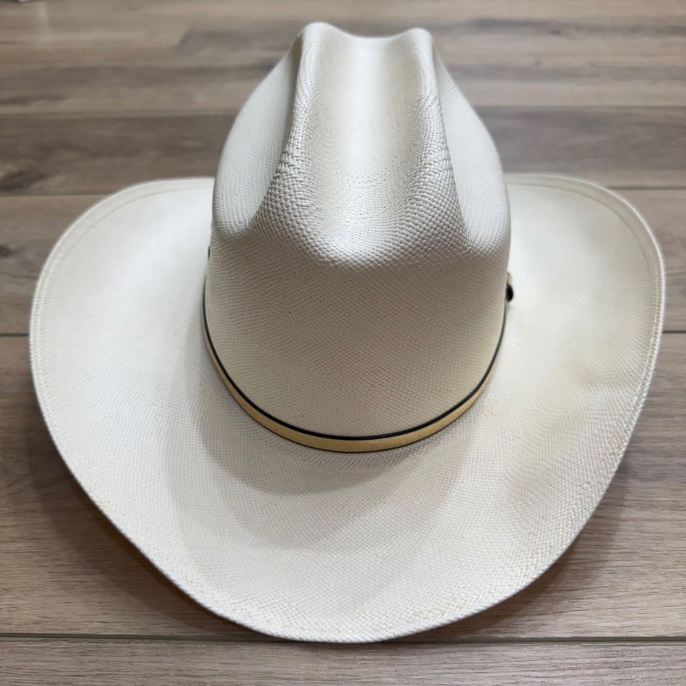 Resistol 4X Shantung Panama Straw Cowboy Hat 7 3/8 Long Oval White Gold Band